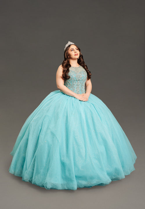 Glitter Tulle Ball Gown with Crystal Beading