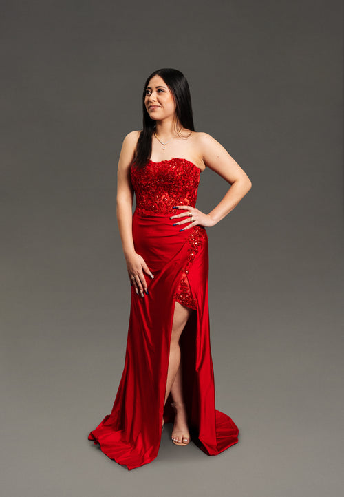 Red Strapless Beaded Gown