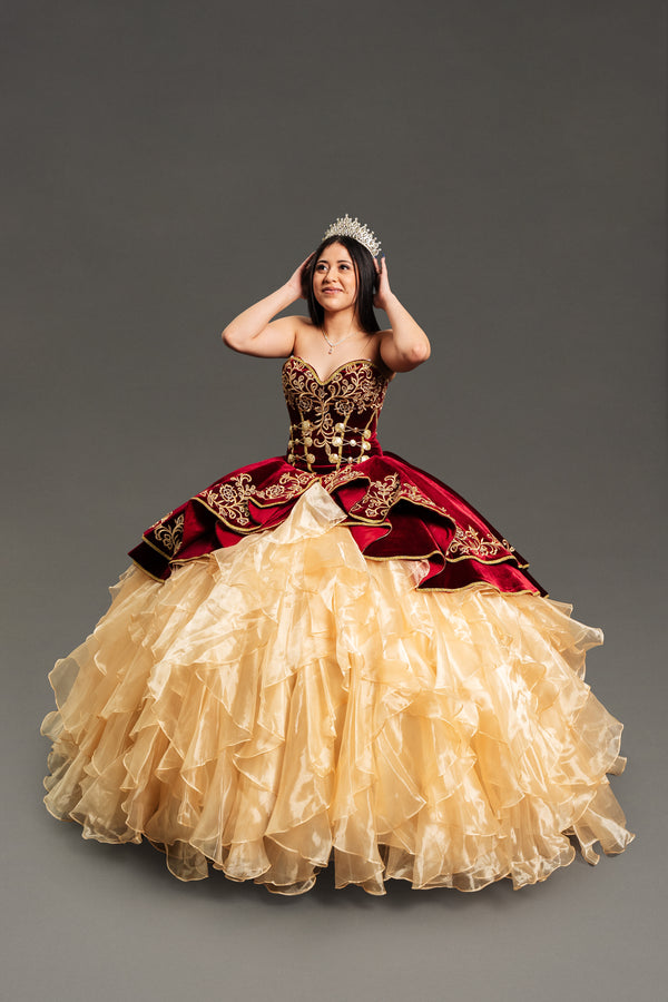 charro dress Girls Red with Removable Ruffle Skirt | Mexican Folklorico | Escaramuza Dress Available Matching little girls dress is Ragazza Fashion Style N08 Elegant Fuchsia Charro Gold Embroidered